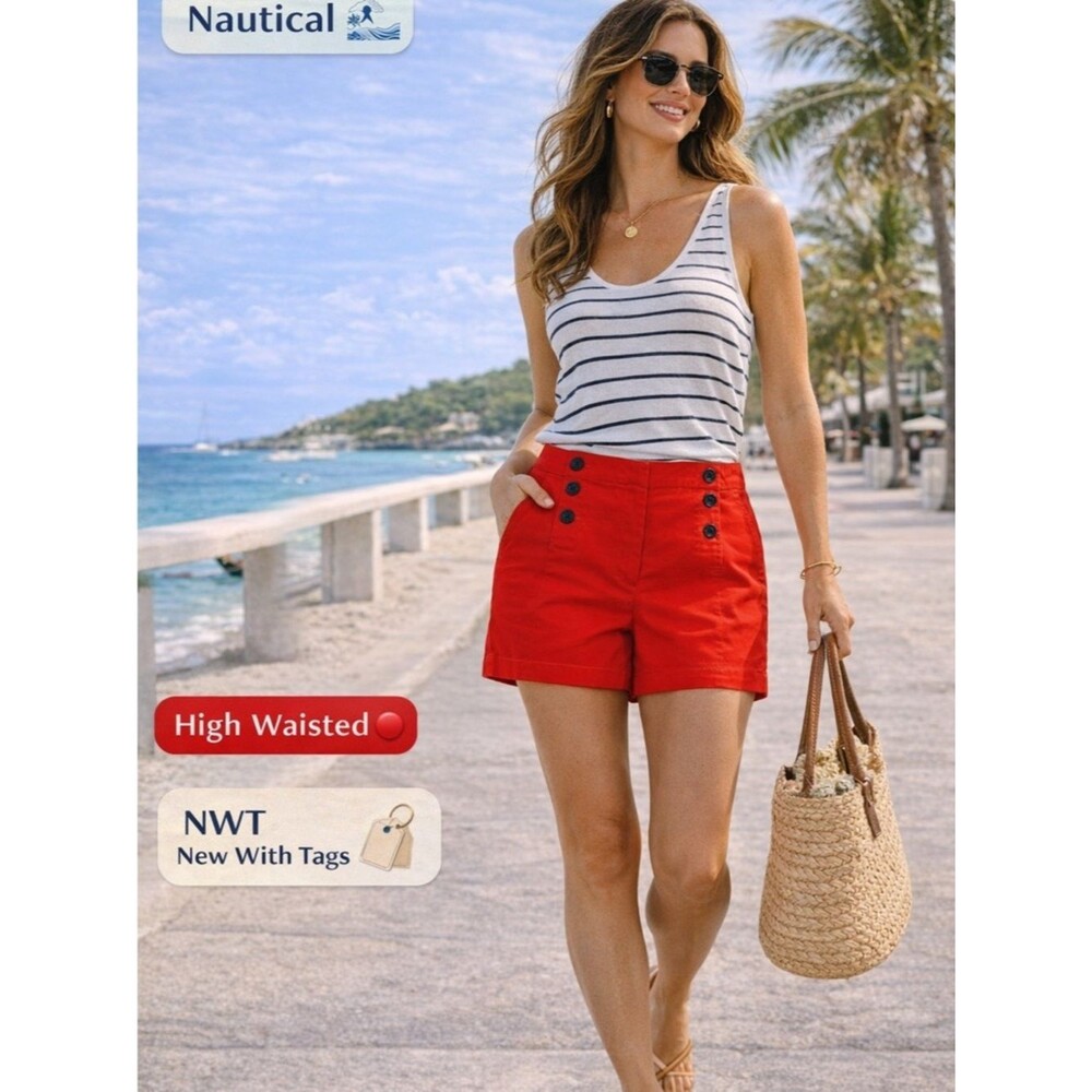 Nautica Red High Waisted Shorts Navy Button Front Size 8 Nautical Summer